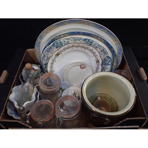 81 - A COLLECTION OF DOMESTIC CERAMICS including jelly moulds, a Victorian storage jar, glass bottles and... 