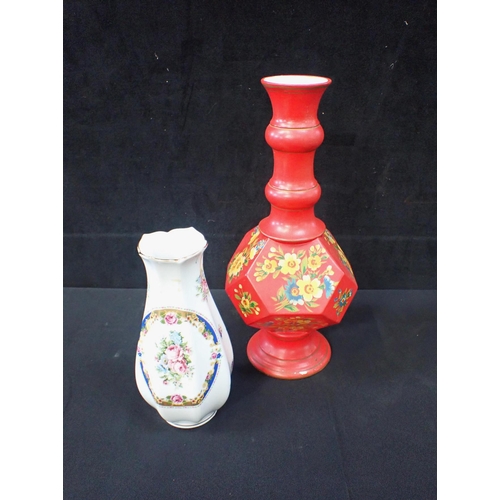 88 - A HAND PAINTED VENETIAN VASE 39 cms high, with a Limoges porcelain vase