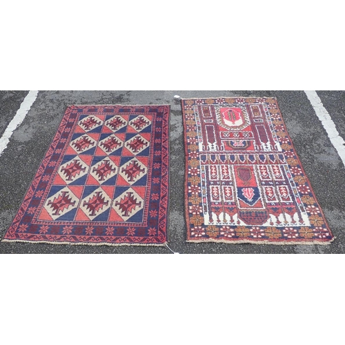 880 - A BELOUCHI PRAYER RUG of stylised Mosque design 142 x 78cm, and another Belouchi rug with lozenge mo... 