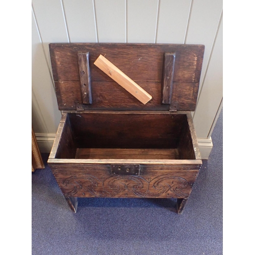 883 - A SMALL ELM PLANK COFFER OF 17TH CENTURY DESIGN with incised front, 61cm wide