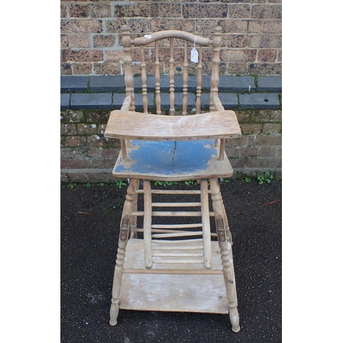 957 - AN EDWARDIAN CHILDS METAMORPHIC HIGH CHAIR (partly stripped, woodworm)