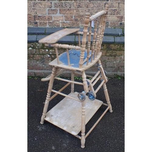 957 - AN EDWARDIAN CHILDS METAMORPHIC HIGH CHAIR (partly stripped, woodworm)