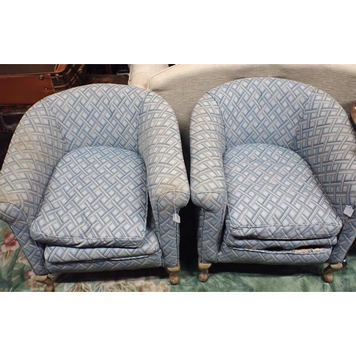 959 - A PAIR OF 1930s UPHOLSTERED TUB CHAIRS on short cabriole legs (for restoration)