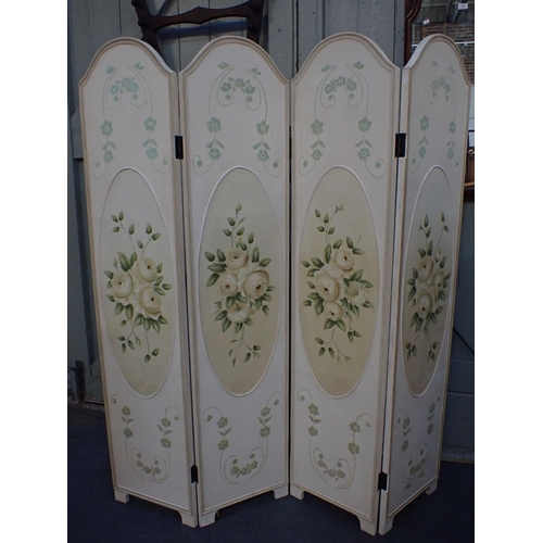 961 - A FLORAL PAINTED FOUR-PANEL SCREEN each panel 180 x 40cm