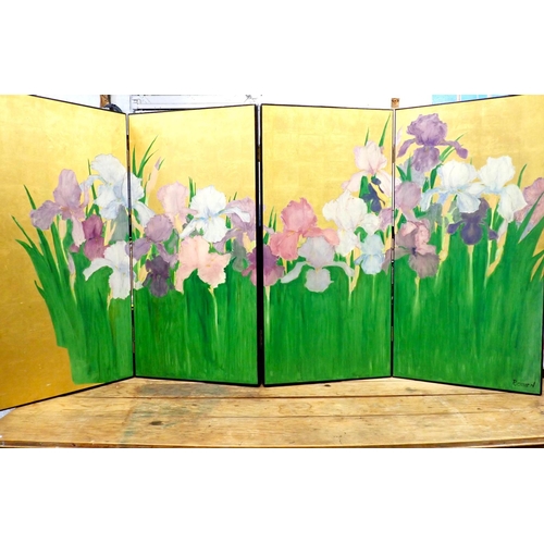 962 - A FOLDING SCREEN, PAINTED WITH IRISES against a gilt background, signed 'Rowen' each of the four pan... 