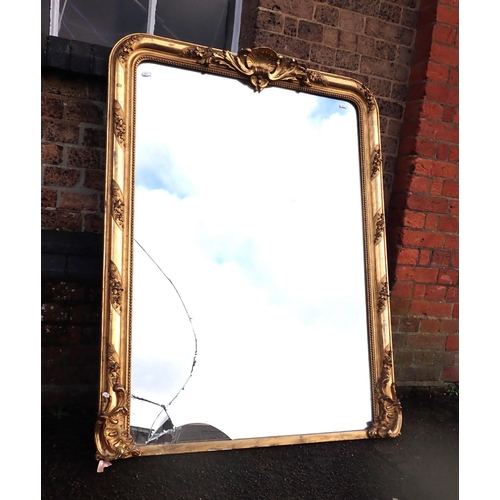 964 - A 19TH CENTURY GILT-FRAMED OVERMANTEL MIRROR with old gilding, label for 'G. CHAVOUTIER, Rue Ganteri... 