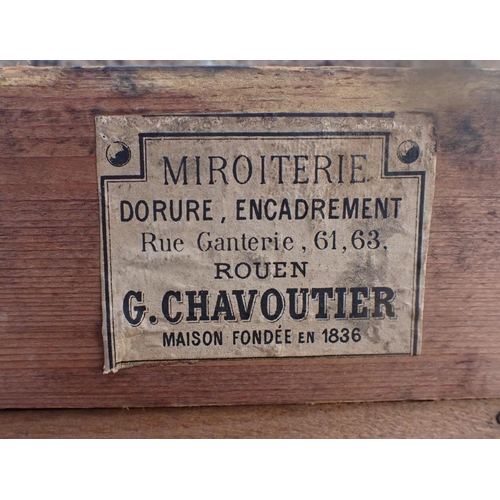 964 - A 19TH CENTURY GILT-FRAMED OVERMANTEL MIRROR with old gilding, label for 'G. CHAVOUTIER, Rue Ganteri... 