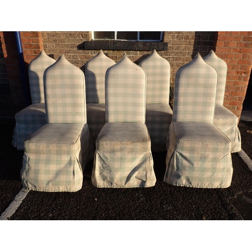 965 - SEVEN UPHOLSTERED DINING CHAIRS WITH 'GOTHICK' OGEE ARCHED BACKS (three missing some rails, all a/f)