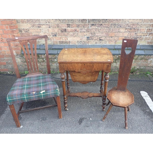 967 - A VICTORIAN FIGURED WALNUT WORK TABLE 62cm wide, a George III mahogany dining chair with tartan upho... 