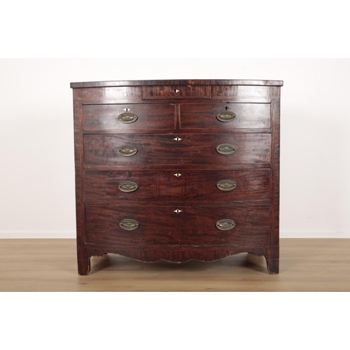 969 - A GEORGE III MAHOGANY AND PARQUETRY BANDED BOW FRONT CHEST OF DRAWERS, PROBABLY SCOTTISH with a sing... 