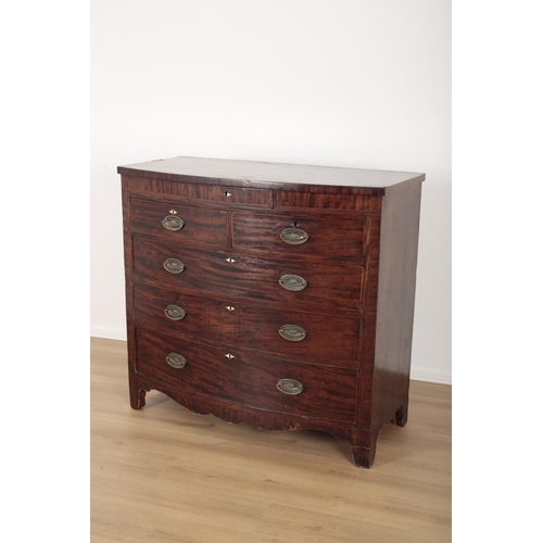 969 - A GEORGE III MAHOGANY AND PARQUETRY BANDED BOW FRONT CHEST OF DRAWERS, PROBABLY SCOTTISH with a sing... 