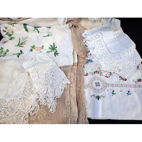 98 - A QUANTITY OF LINEN AND LACE including a crocheted cotton bed cover, possibly Maltese