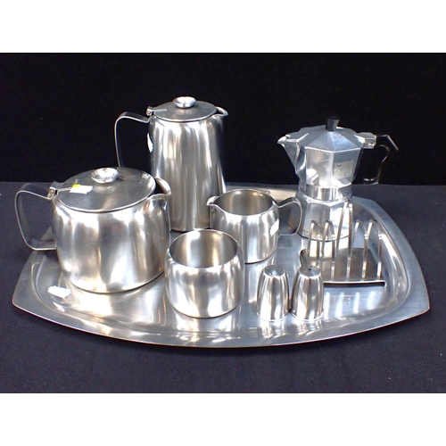 16 - A RETRO 'OLD HALL' STAINLESS STEEL TEA SET with tray and toast rack, and an Italian espresso pot