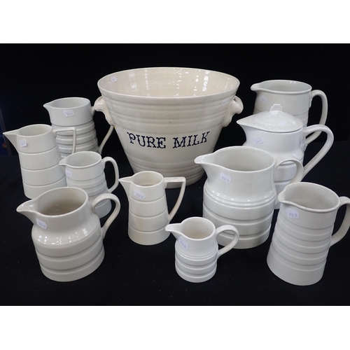 21 - A REPRODUCTION WHITEWARE 'PURE MILK' DAIRY PAIL 27cm high, and ten banded milk jugs, vintage style, ... 