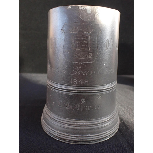 22 - A COLLECTION OF OLD PEWTER, ONE 'SCRATCH FOUR OARS 1848' a James Yates quart, and other mugs, measur... 