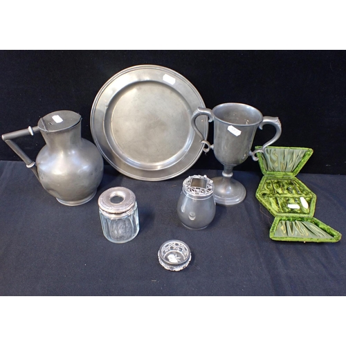 25 - A PEWTER THREE PIECE HARLEQUIN 'COMMUNION SET' sewing Etui, Selangor hair tidy, silver mounted hair ... 