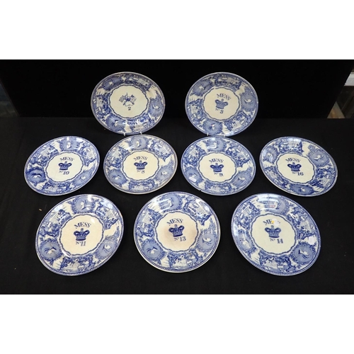 36 - NINE ROYAL NAVY MESS PLATES, TRANSFER PRINTED three intact, six damaged