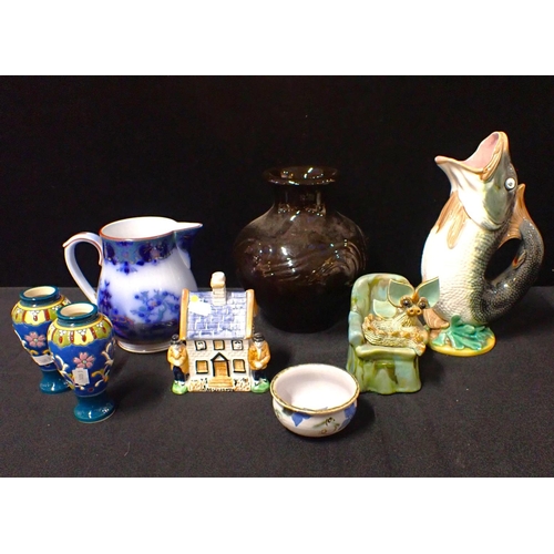 38 - A 'PRATT' TYPE COTTAGE MONEY BOX, AND OTHER CERAMICS 19th century and later; vases, fish jug (a/f) e... 