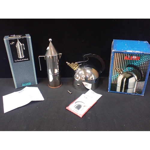 39 - AN ALESSI 'IL BOLLITORE' KETTLE WITH MELODIC E AND G WHISTLE (boxed with instructions), and an Aless... 