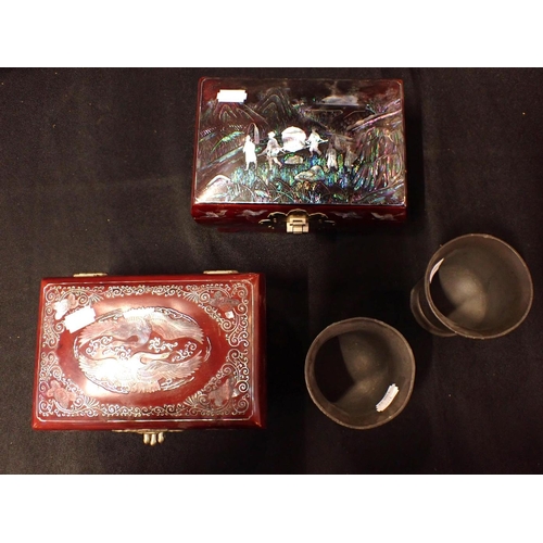 65 - A PAIR OF VICTORIAN PEWTER GOBLETS, TWO CHINESE JEWELLERY BOXES and other decorative items