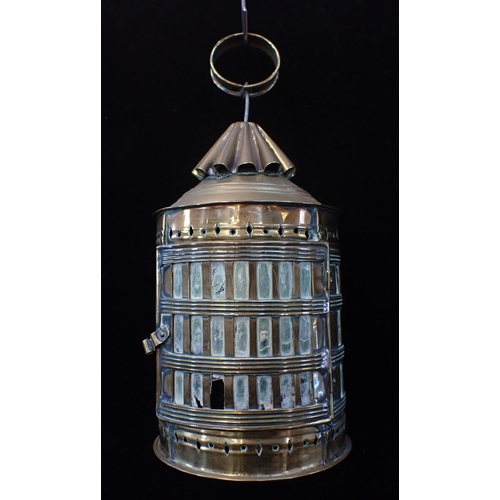 73 - A BRASS LANTERN WITH BANDED BODY and mica panels 33cm high (a/f), a copper saucepan and lid, and oth... 