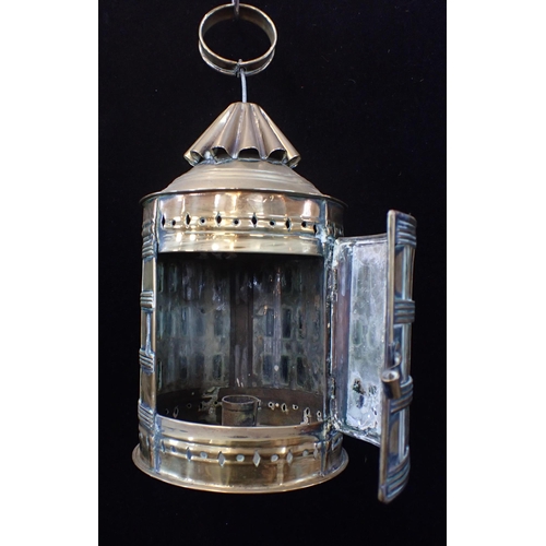 73 - A BRASS LANTERN WITH BANDED BODY and mica panels 33cm high (a/f), a copper saucepan and lid, and oth... 