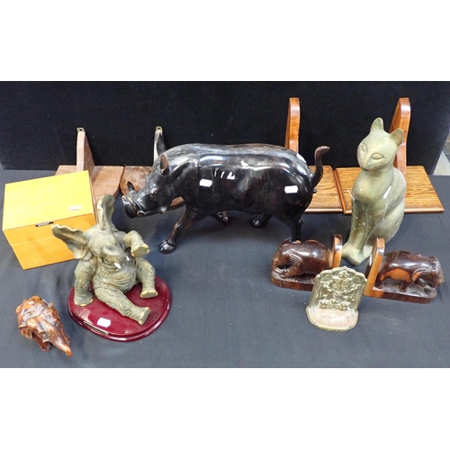 76 - A CARVED AFRICAN HARDWOOD WARTHOG with a quantity of other carved animals, metalware and sundries