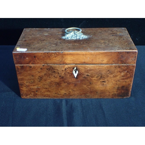 93 - A 19TH CENTURY BURR WALNUT TEA CADDY a George III mahogany teacaddy, a writing slope and a lacquered... 