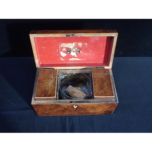 93 - A 19TH CENTURY BURR WALNUT TEA CADDY a George III mahogany teacaddy, a writing slope and a lacquered... 