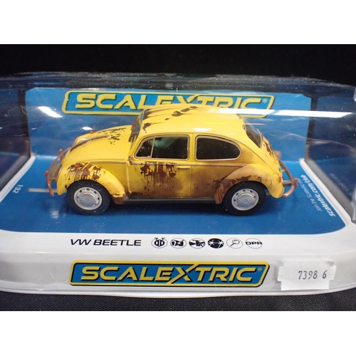 173 - FOUR SCALEXTRIC CARS VW Beetle Black 13, VW Beetle Rusty Yellow, Dodge Charger, Mini Police Car