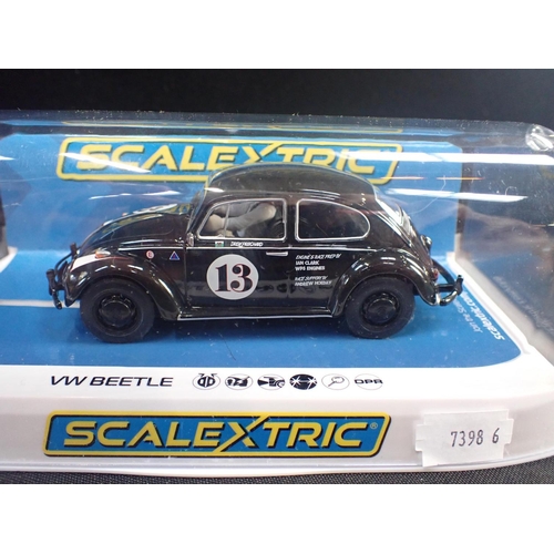 173 - FOUR SCALEXTRIC CARS VW Beetle Black 13, VW Beetle Rusty Yellow, Dodge Charger, Mini Police Car