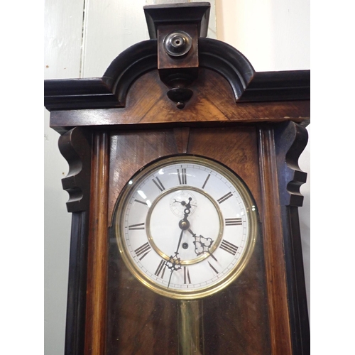 201 - A WALNUT-CASED VIENNA STYLE WALL CLOCK single train weight driven 105cm high