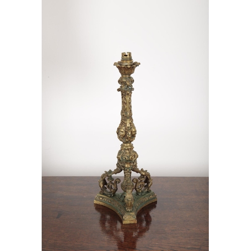 207 - A PAIR OF FRENCH BRONZE TABLE LAMPS each cast with elaborate decoration to the stem and masks to eac... 