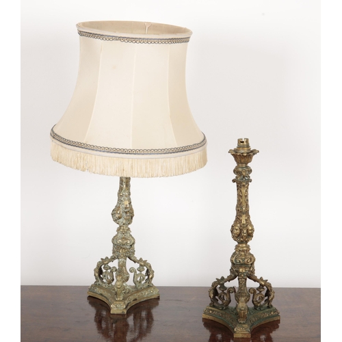 207 - A PAIR OF FRENCH BRONZE TABLE LAMPS each cast with elaborate decoration to the stem and masks to eac... 