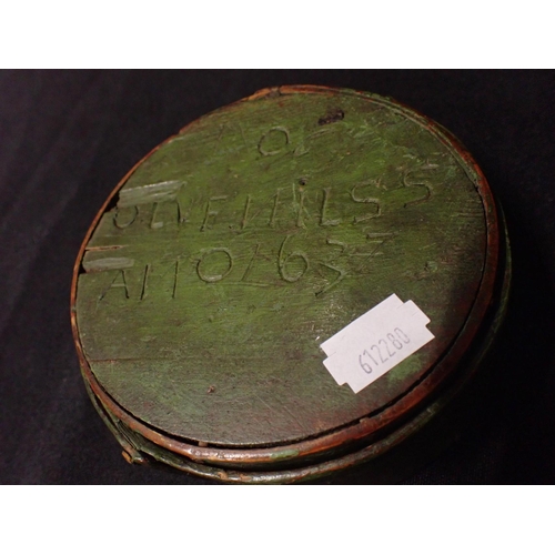 227 - A DECORATED WOODEN FLOUR BARREL together with a green painted steamed box, carved 'Olive Nils, Ano 1... 