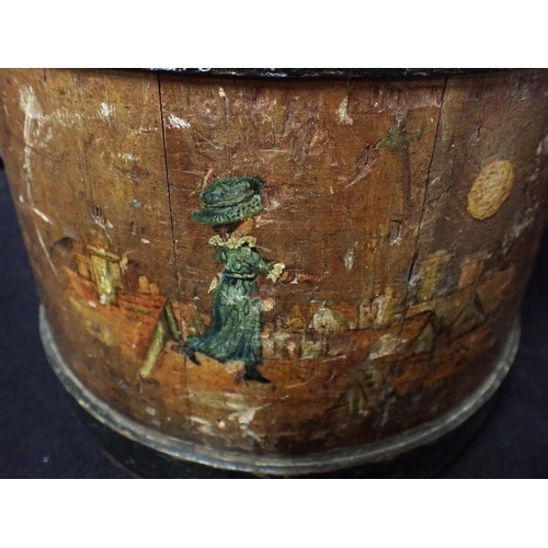 227 - A DECORATED WOODEN FLOUR BARREL together with a green painted steamed box, carved 'Olive Nils, Ano 1... 