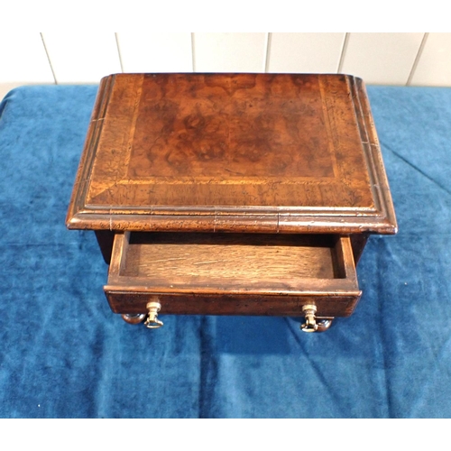 231 - AN EARLY 18th CENTURY STYLE WALNUT MINIATURE SIDE TABLE single drawer with brass ring handles, width... 