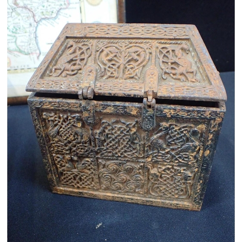 234 - A CAST IRON ROUNDEL BEARING THE ROYAL STUART COAT OF ARMS 14.5cm dia,, a cast iron jewellery casket ... 