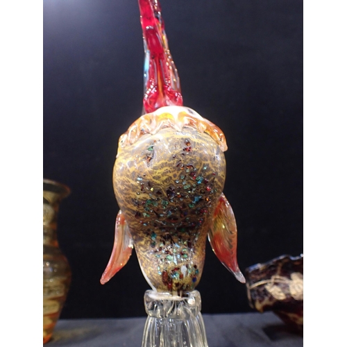 245 - A MURANO GLASS COCKEREL 28cms (chip to top tail feather) and a Whitefriars style amber glass vase