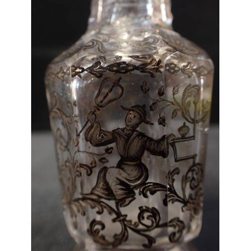 251 - A BOHEMIAN SCENT BOTTLE with enamelled Chinese and Rococo decoration 13cm, damage to stopper