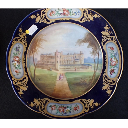 280 - A SEVRES STYLE, PAINTED WITH 'CHATEAU DE ST GERMAIN' PLATE within a gilt, floral and cobalt border, ... 