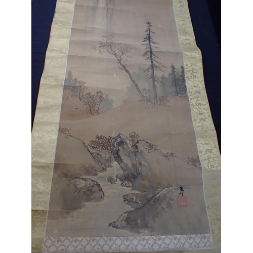 305 - A PAIR OF ASIAN BUDDHA PAINTINGS with a scroll of a Chinese gentleman and a scenic Chinese scroll, d... 