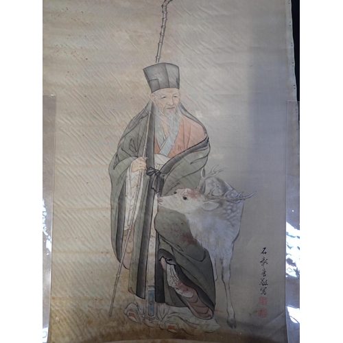 305 - A PAIR OF ASIAN BUDDHA PAINTINGS with a scroll of a Chinese gentleman and a scenic Chinese scroll, d... 