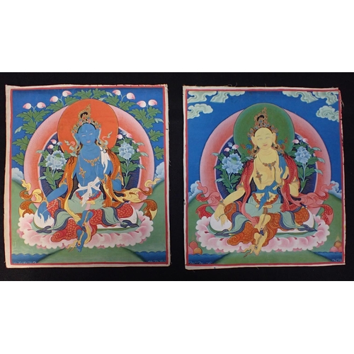 305 - A PAIR OF ASIAN BUDDHA PAINTINGS with a scroll of a Chinese gentleman and a scenic Chinese scroll, d... 