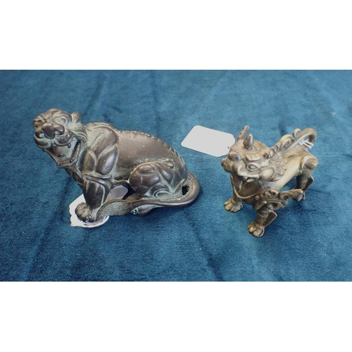 307 - A CHINESE BRONZE LION & ANOTHER, SIMILAR 8cm and 9cm high