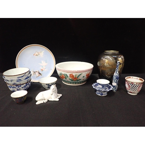 315 - A FISH DECORATED BOWL 2cms (damaged) with other ceramics and a bronze vase, 20cms