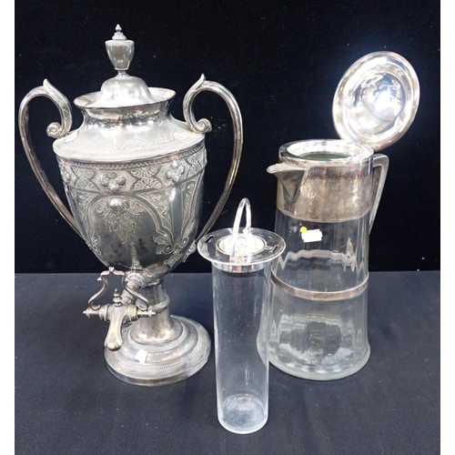 323 - AN EDWARDIAN COOLER JUG WITH PLATED MOUNTS and internal ice chamber (dent to lid), and a Victorian h... 