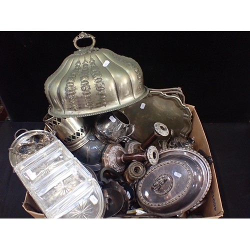 325 - A QUANTITY OF SILVER-PLATED WARE including a dish cover, serving dishes, candlesticks, etc