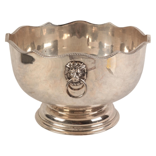 331 - A SILVER PLATED MONTEITH with shaped gadrooned rim and lions mask ring handles, 17cm high x 26cm dia... 