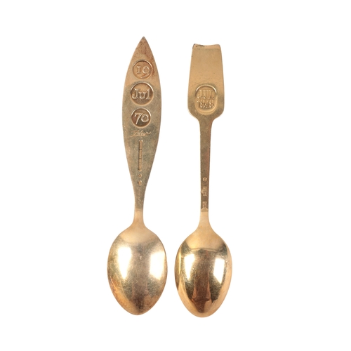 363 - A. MICHELSEN: TWO DANISH ENAMELLED SILVER GILT CHRISTMAS SPOONS dated 1949 & 1970, 16cm and 16.5cm l... 